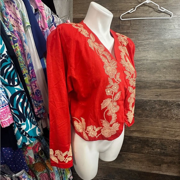 Folette Elegant Red and Gold Cropped Blazer Jacket with Ornate Embellishments - Picture 2 of 8